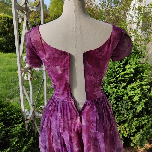XXS XS 50s 60s Purple Floral Garden Party Dress - Picture 14 of 16